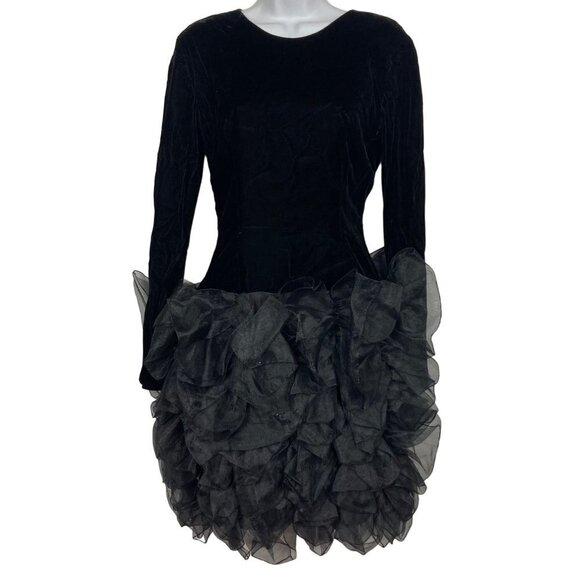 Vintage 80s Tadashi Black Velvet Dress 4 Organza Ruffle Bottom Long Sleeve - Picture 11 of 11